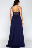 Navy Spaghetti Straps Corset A-Line Formal Dress with Slit