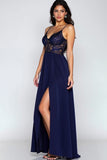 Navy Spaghetti Straps Corset A-Line Formal Dress with Slit