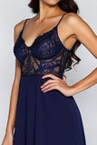 Navy Spaghetti Straps Corset A-Line Formal Dress with Slit