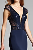 Navy Deep V Neck Cap Sleeves Mermaid Formal Dress with Sequins