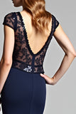 Navy Deep V Neck Cap Sleeves Mermaid Formal Dress with Sequins