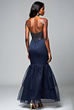Navy Corset Mermaid Ruffled Formal Dress with Seuqins