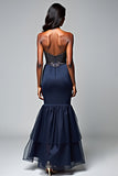Navy Corset Mermaid Ruffled Formal Dress with Seuqins