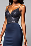 Navy Corset Mermaid Ruffled Formal Dress with Seuqins