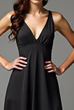Black V Neck Backless A Line Formal Dress with Slit