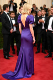 Purple V-Neck Puff Sleeves Sheath Floor Length Red Carpet Dress