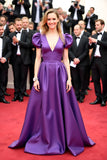 Purple V Neck Puff Sleeves A Line Long Red Carpet Dress