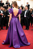 Purple V Neck Puff Sleeves A Line Long Red Carpet Dress