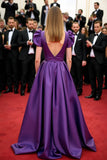 Purple V Neck Puff Sleeves A Line Long Red Carpet Dress