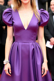 Purple V Neck Puff Sleeves A Line Long Red Carpet Dress