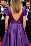Purple V Neck Puff Sleeves A Line Long Red Carpet Dress