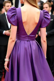 Purple V Neck Puff Sleeves A Line Long Red Carpet Dress