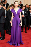 A Line Purple V Neck Satin Long Red Carpet Dress