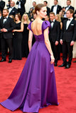 A Line Purple V Neck Satin Long Red Carpet Dress