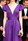 A Line Purple V Neck Satin Long Red Carpet Dress