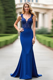 Elegant Mermaid Royal Blue V-Neck Appliqued Mother of the Bride Dress