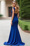 Elegant Mermaid Royal Blue V-Neck Appliqued Mother of the Bride Dress