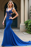 Royal Blue Mermaid Cut-Out Long Prom Dress with Appliques