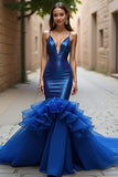 Glitter Mermaid Spaghetti Straps V-Neck Prom Dress with Ruffles