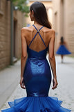 Glitter Mermaid Spaghetti Straps V-Neck Prom Dress with Ruffles