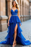 Royal Blue A Line Spaghetti Straps Ruffled Long Prom Dress with Slit