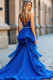 Royal Blue A Line Spaghetti Straps Ruffled Long Prom Dress with Slit