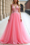 Pink Ball Gown A Line V Neck Appliqued Long Prom Dress