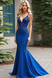 Royal Blue Mermaid V-Neck Appliqued Long Prom Dress