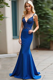 Royal Blue Mermaid V-Neck Appliqued Long Prom Dress