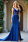 Royal Blue Mermaid V-Neck Long Appliqued Prom Dress with Slit