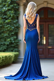Royal Blue Mermaid V-Neck Long Appliqued Prom Dress with Slit