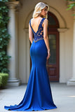 Royal Blue Mermaid V-Neck Long Appliqued Prom Dress with Slit