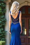 Royal Blue Mermaid V-Neck Long Appliqued Prom Dress with Slit