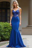 Mermaid Royal Blue Spaghetti Straps Corset Long Prom Dress