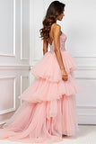 Blush Pink A Line Tiered Sweep Train Long Prom Dress with Slit