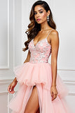 Blush Pink A Line Tiered Sweep Train Long Prom Dress with Slit