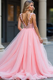 Princess Blush Pink Appliqued A Line Long Prom Dress with Slit