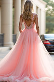 Princess Blush Pink Appliqued A Line Long Prom Dress with Slit