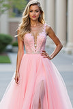 Princess Blush Pink Appliqued A Line Long Prom Dress with Slit