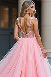 Princess Blush Pink Appliqued A Line Long Prom Dress with Slit