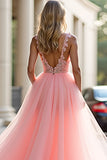 Princess Blush Pink Appliqued A Line Long Prom Dress with Slit