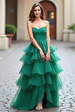 Dark Green Tiered Strapless Sweetheart A Line Long Prom Dress
