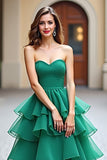 Dark Green Tiered Strapless Sweetheart A Line Long Prom Dress