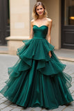 Dark Green Ball Gown Ruffled Sweetheart Satin Long Prom Dress