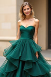 Dark Green Ball Gown Ruffled Sweetheart Satin Long Prom Dress