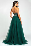 A Line Dark Green Tulle Corset Long Prom Dress with Slit