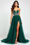 A Line Dark Green Tulle Corset Long Prom Dress with Slit