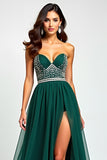 A Line Dark Green Tulle Corset Long Prom Dress with Slit