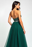 A Line Dark Green Tulle Corset Long Prom Dress with Slit