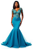 Blue Mermaid V-Neck Corset Appliqued Mother of the Bride Dress